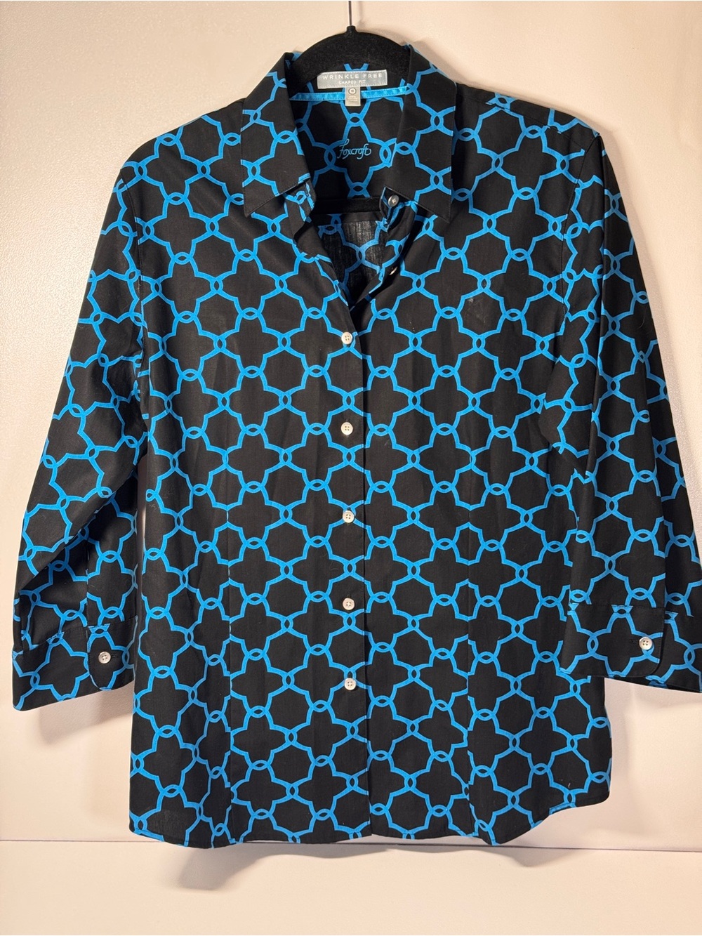 Foxcroft Button Down Women’s Size 10 Cotton Long Sleeve Black Blue Geometric